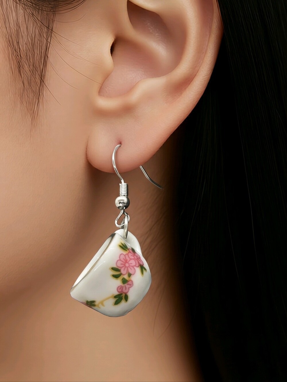 Pink Floral Teacup Saucer Earrings Vintage China Cottagecore Nostalgic Tea Party